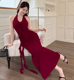 New Simple Red Halter Dress Elegant Party Evening Dress HZ1024