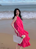 New Fashion Rose Pink Beach Holiday Loose Halter Dress HZ1024