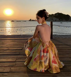 New Stylish Yellow Floral Design A-Line Halter Dress HZ1024