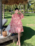 New Fashion Pink Floral Design Long Sleeves Off-the-shoulder A-Line Halter Dress HZ1024