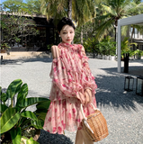 New Fashion Pink Floral Design Long Sleeves Off-the-shoulder A-Line Halter Dress HZ1024