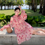 New Fashion Pink Floral Design Long Sleeves Off-the-shoulder A-Line Halter Dress HZ1024