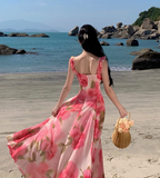 New Simple Pink Floral Design A-Line Beach Holiday Spaghetti Strap Dress HZ1024