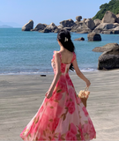 New Simple Pink Floral Design A-Line Beach Holiday Spaghetti Strap Dress HZ1024