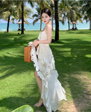 New Simple Elegant Floral Irregular Design Beach Holiday Spaghetti Strap Dress HZ1024