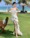 New Simple Elegant Floral Irregular Design Beach Holiday Spaghetti Strap Dress HZ1024