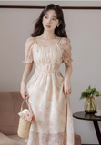 Vintage Women Floral Design A-Line Chiffon Short Sleeves Dress HZ1024