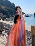 Simple Colorful Striped Design Beach Holiday A-Line Halter Dress HZ1024