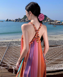 Simple Colorful Striped Design Beach Holiday A-Line Halter Dress HZ1024