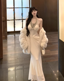Elegant Beading Design Beige A-Line Long Banquet Halter Dress HZ1024