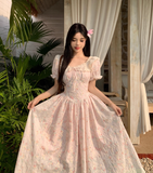 New Fashion Puffed Short Sleeve Design Pink A-line Floral Dress HZ1024