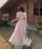 New Fashion Puffed Short Sleeve Design Pink A-line Floral Dress HZ1024