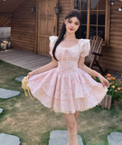 New Fashion Puffed Short Sleeve Design Pink A-line Floral Dress HZ1024