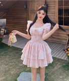 New Fashion Puffed Short Sleeve Design Pink A-line Floral Dress HZ1024