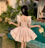 New Fashion Puffed Short Sleeve Design Pink A-line Floral Dress HZ1024