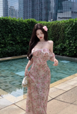 New Fashion Pink Floral Design Beach Holiday Long A-line Strapless Dress HZ1024