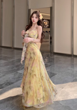 New Fashion Yellow Floral Design A-line Spaghetti Strap Dress HZ1024