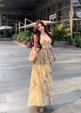 New Fashion Yellow Floral Design A-line Spaghetti Strap Dress HZ1024