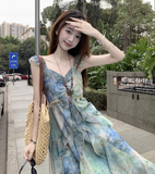 New Fashion Irregular Ruffled Dress Hem Design Beach Holiday A-line Sleeveless Floral Dress HZ1024