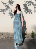New Fashion Blue Floral Print Design Beach Holiday Long A-line Dress HZ1024