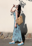 New Fashion Blue Floral Print Design Beach Holiday Long A-line Dress HZ1024