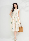 Simple Fashion Apricot Sleeveless Design A-line Midi Floral Dress HZ1024