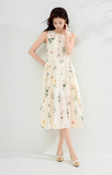 Simple Fashion Apricot Sleeveless Design A-line Midi Floral Dress HZ1024