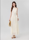 Vintage Fashion Apricot Mesh Ribbon Lace Design A-line Beach Holiday Halter Dress HZ1024