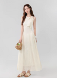 Vintage Fashion Apricot Mesh Ribbon Lace Design A-line Beach Holiday Halter Dress HZ1024