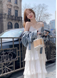 New Fashion White Tiered Dress Design A-line Beach Holiday Spaghetti Strap Dress HZ1024