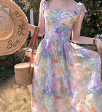 Vintage Fashion Floral Design Elegant Beach Holiday A-line Spaghetti Strap Dress HZ1024