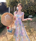 Vintage Fashion Floral Design Elegant Beach Holiday A-line Spaghetti Strap Dress HZ1024