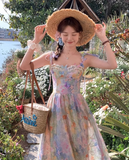Vintage Fashion Floral Design Elegant Beach Holiday A-line Spaghetti Strap Dress HZ1024