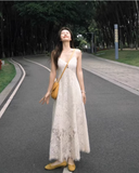 Vintage Fashion Beige V-neck Lace Design Elegant Beach Holiday A-line Spaghetti Strap Dress HZ1024