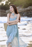 New Fashion Light Blue Ruffled Hem Design Beach Holiday A-line Spaghetti Strap Dress HZ1024