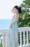 New Fashion Light Blue Ruffled Hem Design Beach Holiday A-line Spaghetti Strap Dress HZ1024