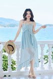 New Fashion Light Blue Ruffled Hem Design Beach Holiday A-line Spaghetti Strap Dress HZ1024