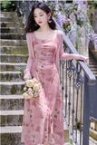 Retro Fashion Pink Flora Design Beach Holiday A-line Spaghetti Strap Dress HZ1024