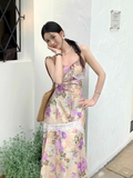 Retro Fashion Purple Flora Design Beach Holiday A-line Spaghetti Strap Dress HZ1024