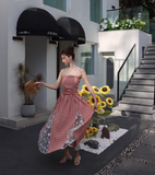 New Fashion Red Plaid Lace Patchwork Design Beach Holiday A-line Sleeveless Strapless Dress HZ1024