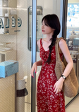 New Fashion Red Floral Design A-line Beach Holiday Spaghetti Strap Dress HZ1024
