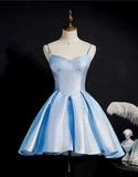 Elegant Light Blue Glittering Satin Design Spaghetti Strap Homecoming Dress HZ1024