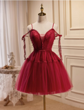 New Fashion Wine Red Lace Design Elegant Mesh Spaghetti Strap Homecoming Dress HZ1024