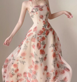 Vintage Pink Floral Design A-line Sleeveless Beach Holiday Halter Dress HZ1024
