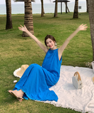 New Fashion Navy Blue Sleeveless Design A-line Beach Holiday Halter Dress HZ1024