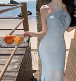 Simple Fashion Light Blue 3D Flowers Design A-line Beach Holiday Halter Dress HZ1024