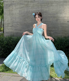 Simple Fashion Mint Green Ruffled Hem Design A-line Beach Holiday Halter Dress HZ1024
