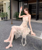 New Fashion Floral Irregular Ruffled Hem Design Elegant A-line Spaghetti Strap Dress HZ1024
