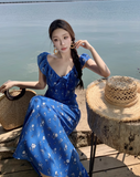 New Fashion Navy Blue Floral Design Elegant Beach Holiday A-line Sleeveless Women Dress HZ1024