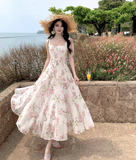 Simple Fashion Pink Floral Design A-line Beach Holiday Spaghetti Strap Dress HZ1024